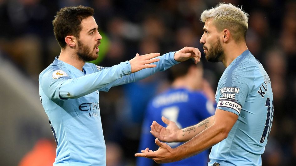 Bernardo Silva celebrates with Sergio Aguero after scoring his team's first goal at Leicester