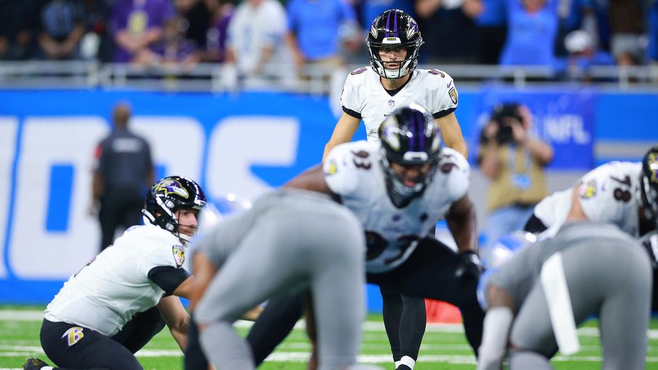 Baltimore Ravens' Justin Tucker prepares to kick the winning field goal