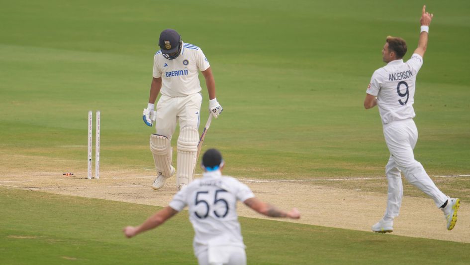 James Anderson knocks over Rohit Sharma in the second Test