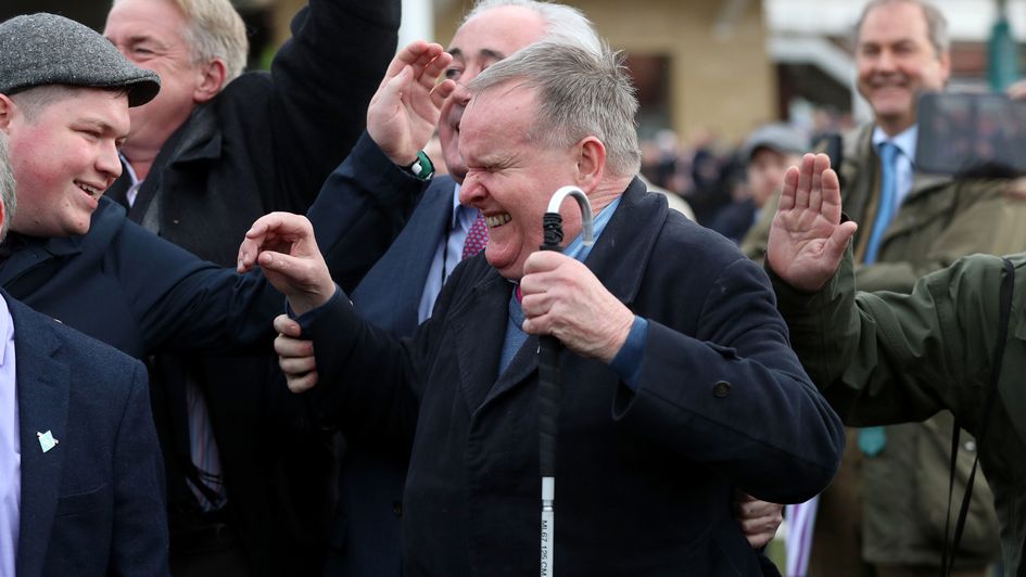 Owner Andrew Gemmell reacts to Paisley Park's Stayers' Hurdle win