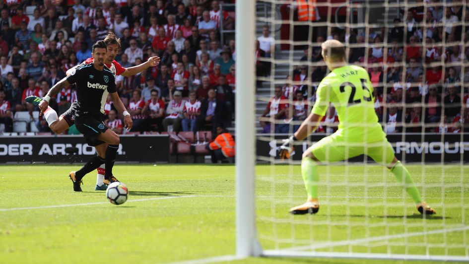 Manolo Gabbiadini scores for Southampton against West Ham