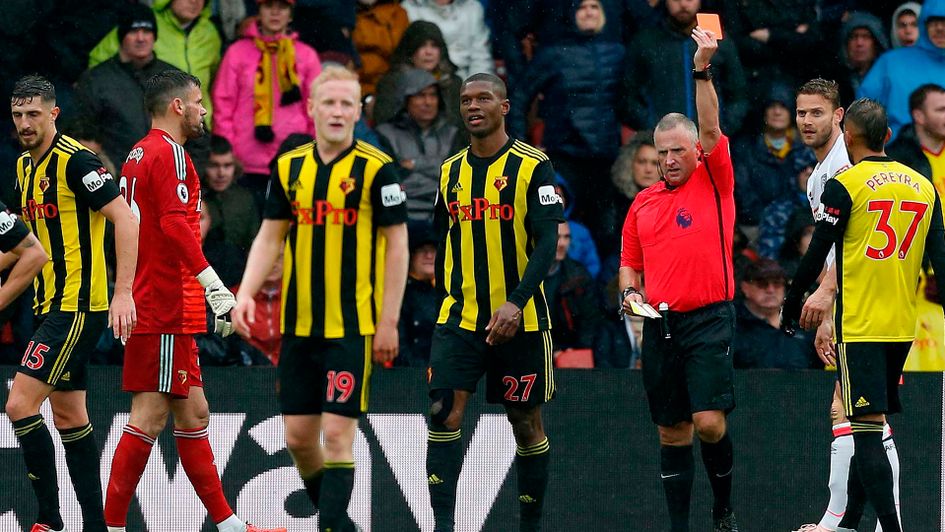 Christian Kabasele is sent off for Watford against Bournemouth