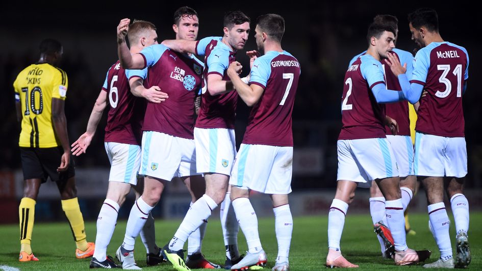 Burnley players celebrate Kevin Long's goal at Burton in the Carabao Cup