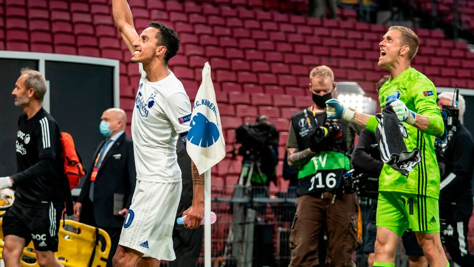 Copenhagen celebrate after they stunned Istanbul Basaksehir in the last 16