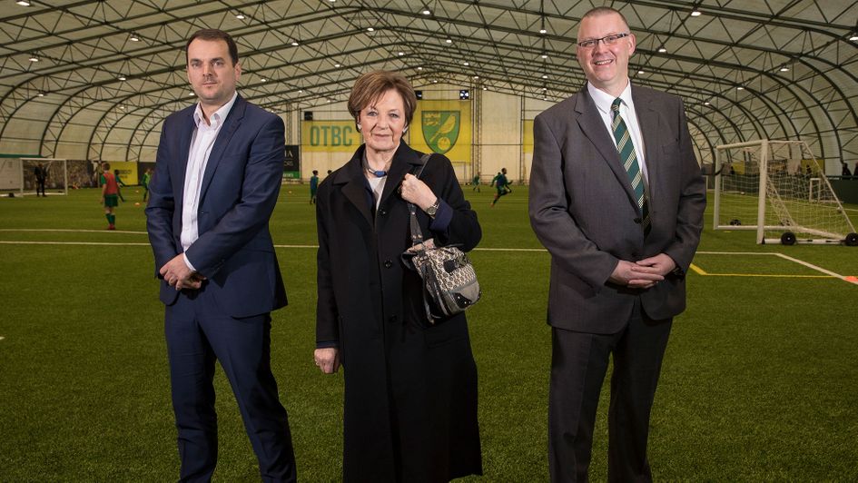 Norwich sporting director Stuart Webber (left), owner Delia Smith (centre) and managing director Steve Stone