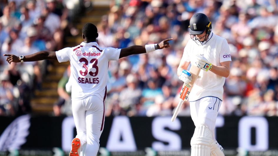 Jayden Seales celebrates the wicket of Zak Crawley