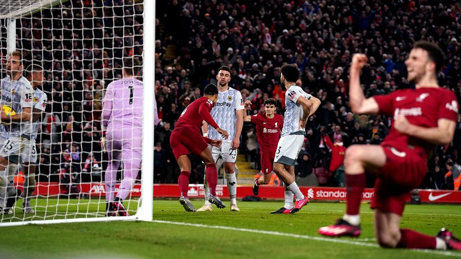 Virgil van Dijk celebrates his goal against Wolves