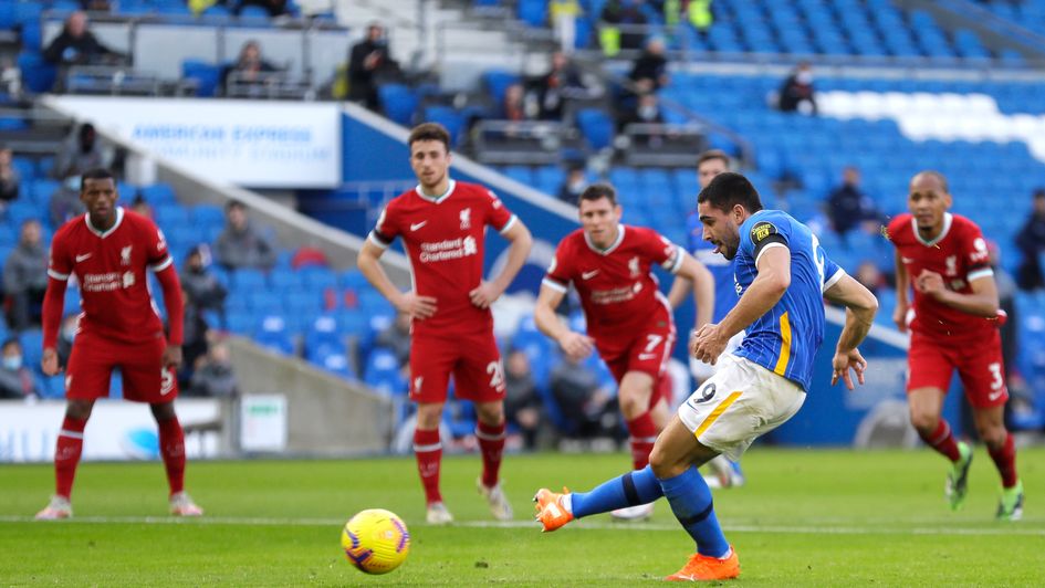 Brighton's Neal Maupay puts his penalty wide against Liverpool