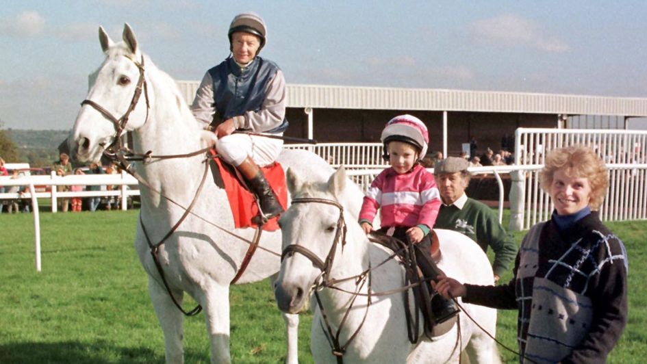 Lester Piggott with Desert Orchid alongside his son Jamie at Wincanton in the 1990s