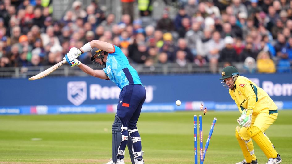 Jamie Smith is bowled by Australia's Glenn Maxwell