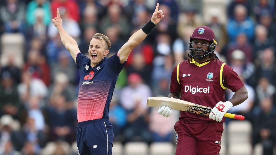 Tom Curran celebrates the wicket of Chris Gayle