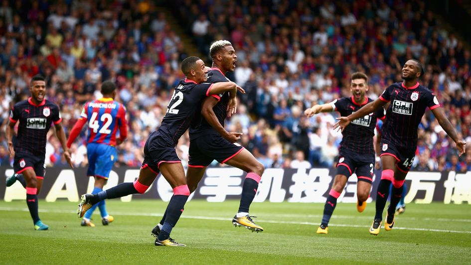 Steve Mounie celebrates after scoring against Crystal Palace