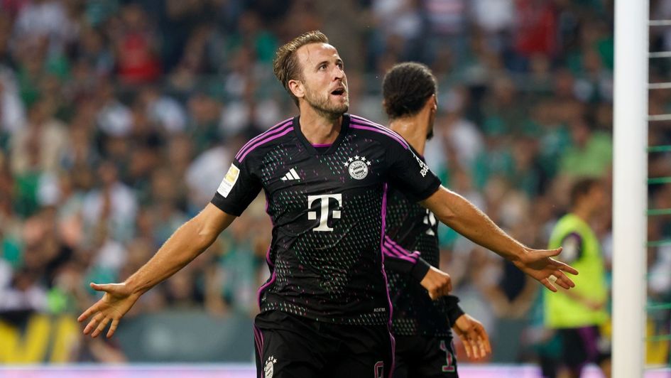 Harry Kane celebrates scoring for Bayern Munich