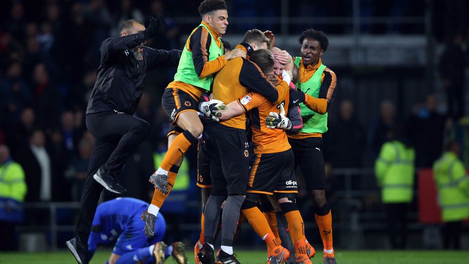 Wolves celebrate the dramatic victory against Cardiff