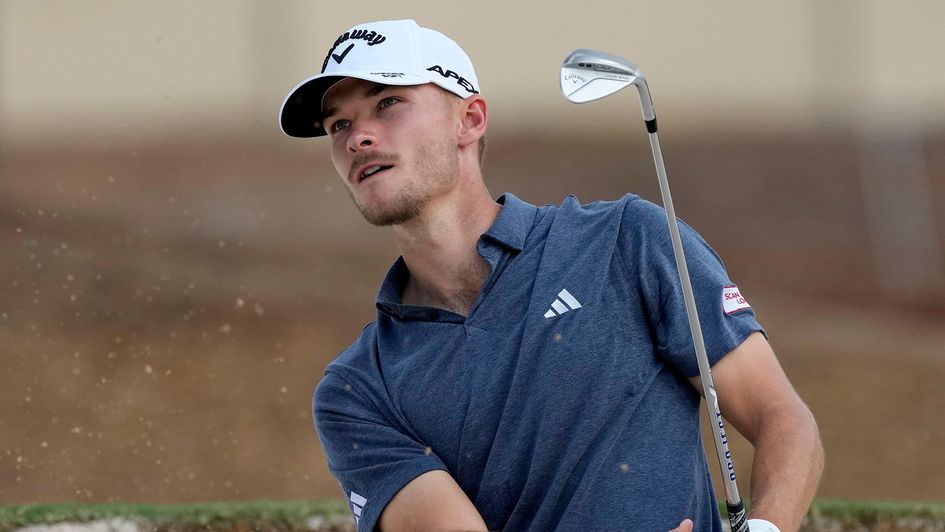 Nicolai Hojgaard of Denmark plays a bunker shot