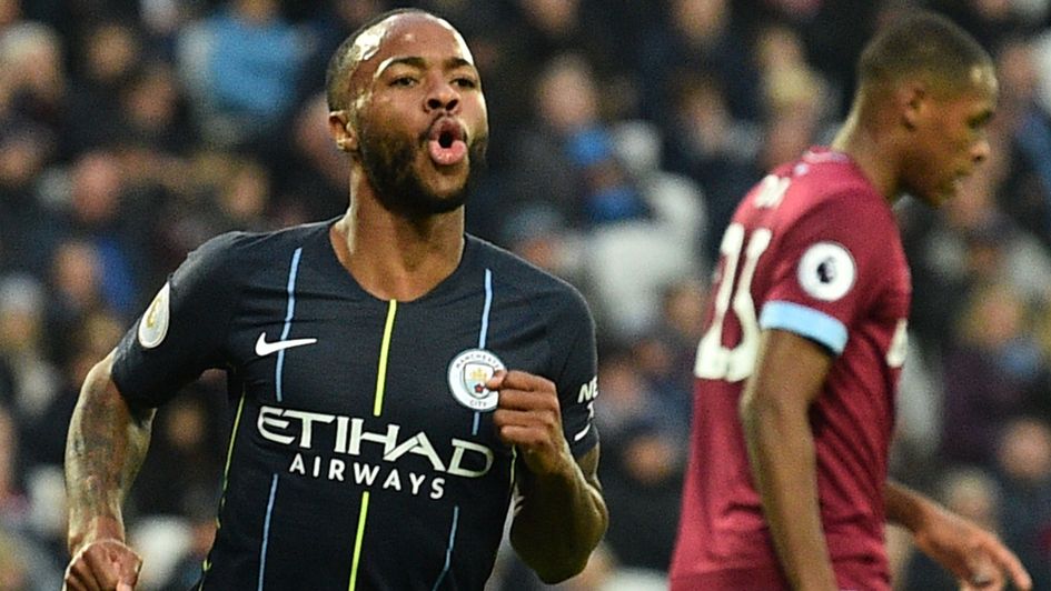 Raheem Sterling celebrates his goal for Manchester City at West Ham