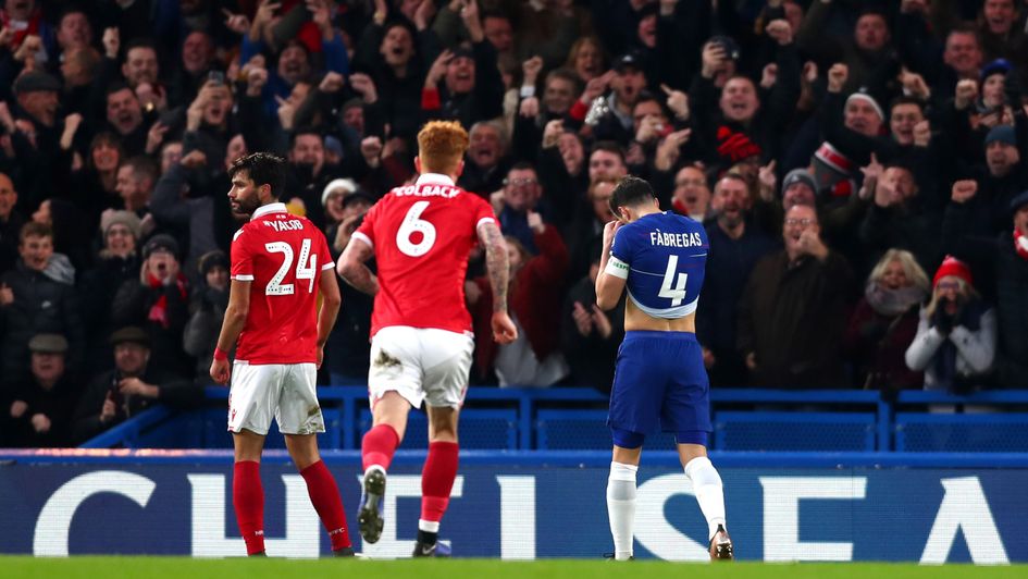 Cesc Fabregas reacts as his penalty is saved during Chelsea v Nottingham Forest