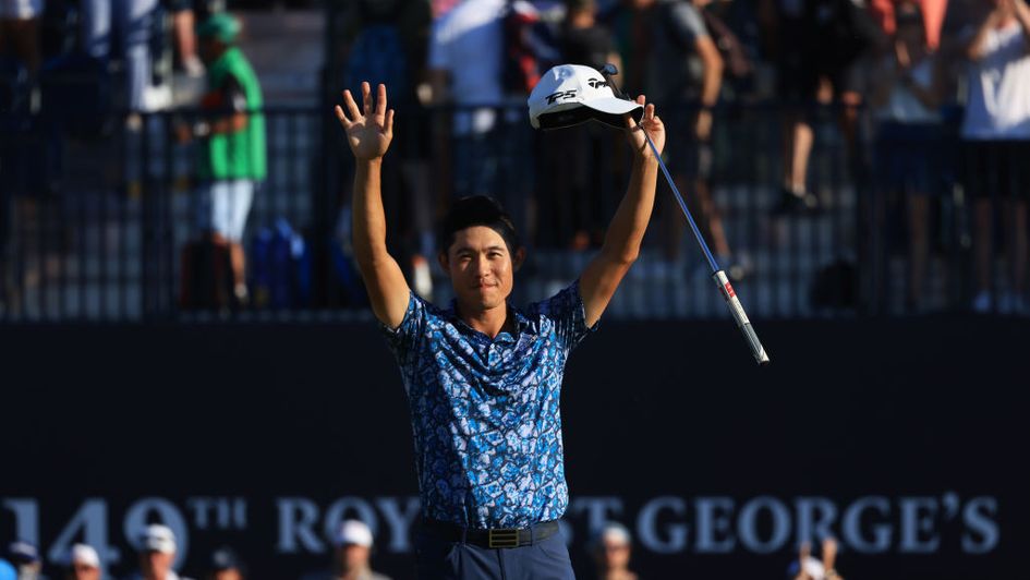 Collin Morikawa celebrates after winning the Open