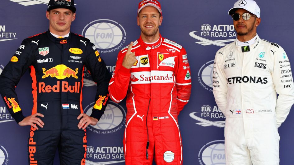 Vettel (C) is on pole ahead of Verstappen (L) and Hamilton