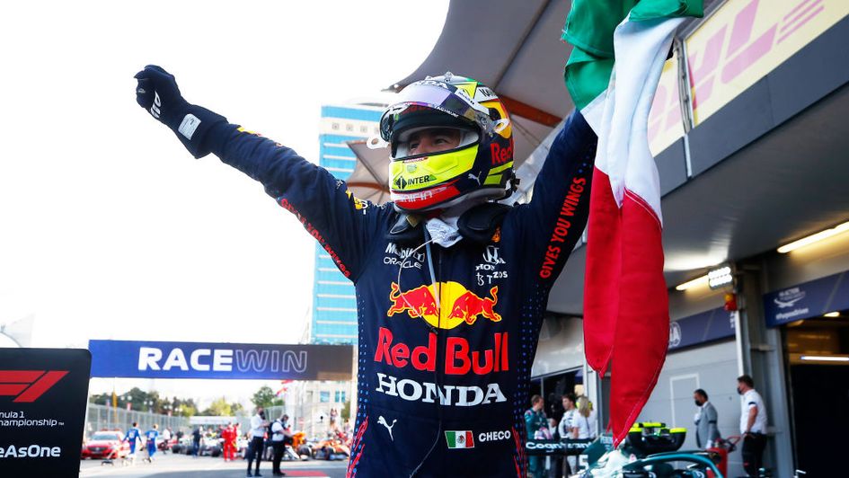 Sergio Perez celebrates after his 2021 win