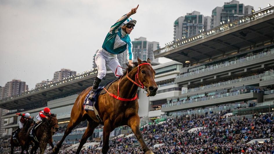 James McDonald salutes a HK Cup win on Romantic Warrior