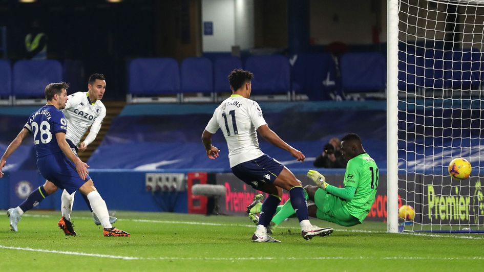 Aston Villa's Anwar El Ghazi scores at Chelsea