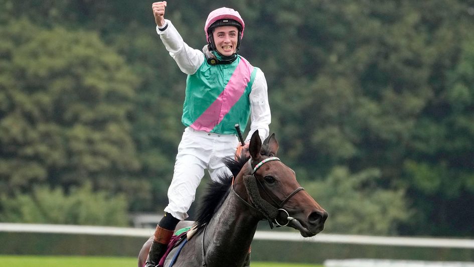 Rossa Ryan celebrates on Bluestocking after winning the Arc