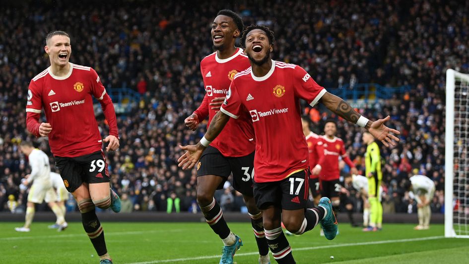 Fred celebrates his goal against Leeds