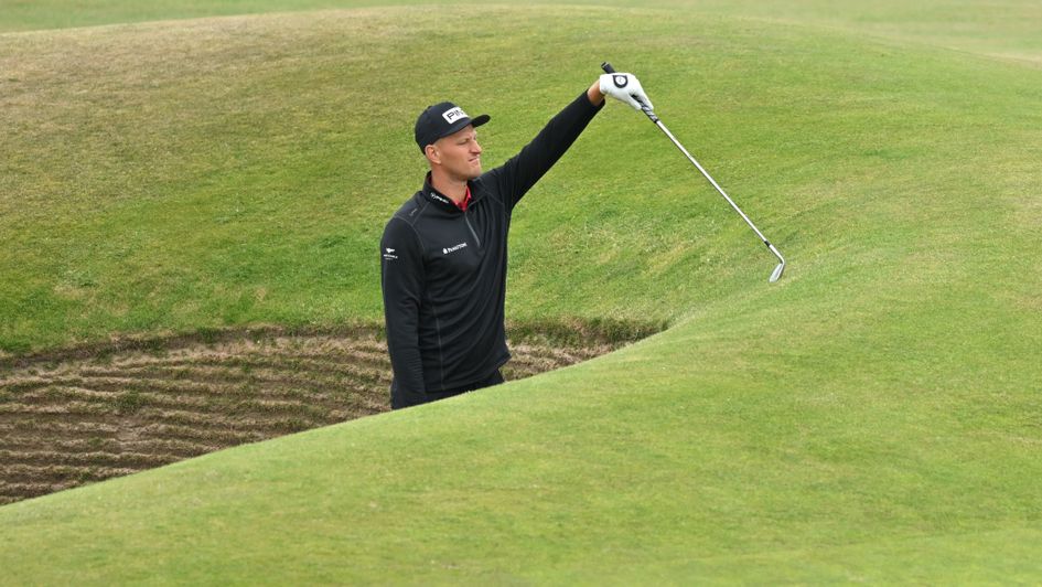 Adrian Meronk bunkered in practice at The Open