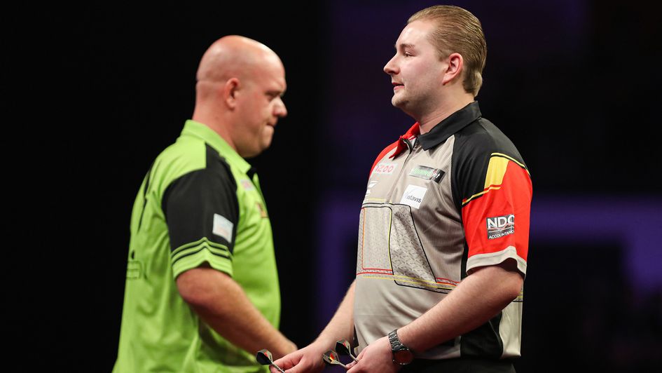 Michael van Gerwen and Dimitri Van den Bergh (Picture: Steven Paston/PDC)