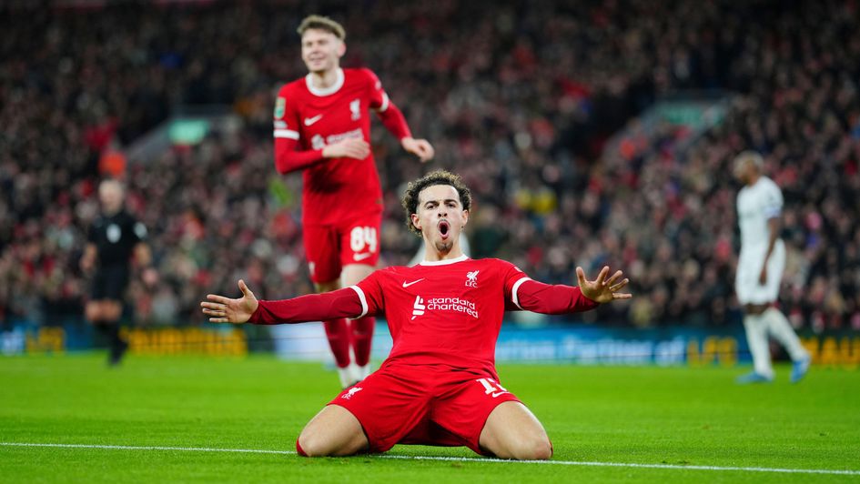 Curtis Jones celebrates a goal for Liverpool