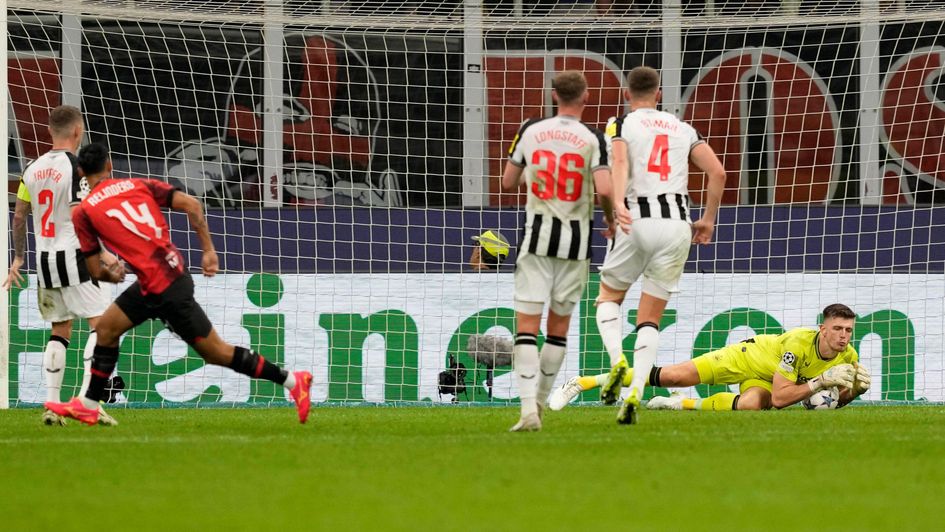 Nick Pope saves an attempt to score by AC Milan's Tijjani Reijnders