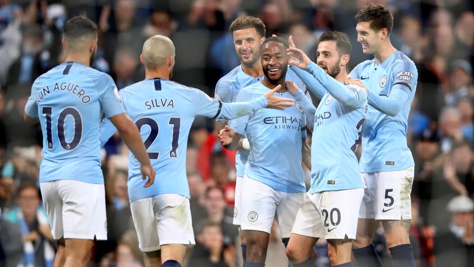 Raheem Sterling celebrates scoring Manchester City's fifth against Southampton