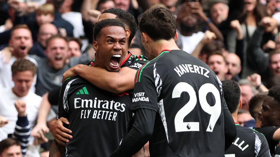 Gabriel celebrates his winner at Tottenham