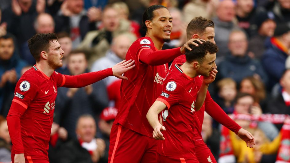 Liverpool celebrate Diogo Jota's goal against Watford