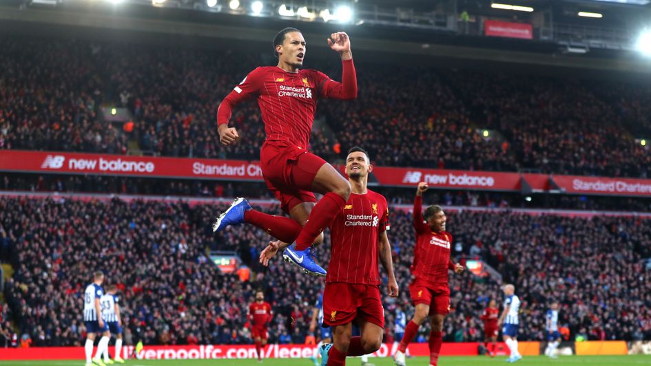 Liverpool's Virgil Van Dijk celebrates his opening goal against Brighton