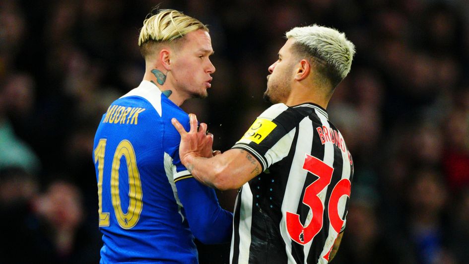 Mykhaylo Mudryk of Chelsea and Bruno Guimaraes of Newcastle clash