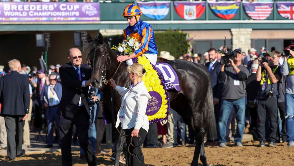 Meditate with Michael Tabor after winning the Juvenile Fillies' Turf (courtesy of Breeders' Cup)