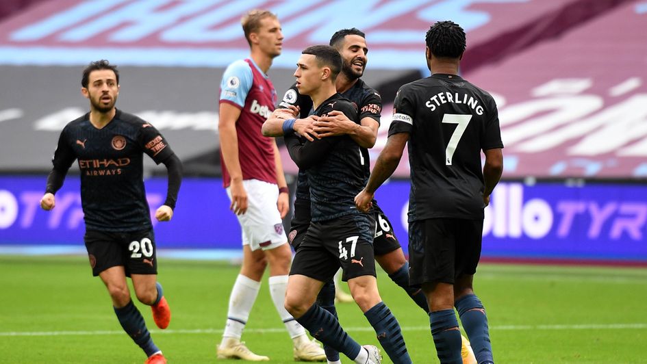 Man City celebrate Phil Foden's equaliser at West Ham