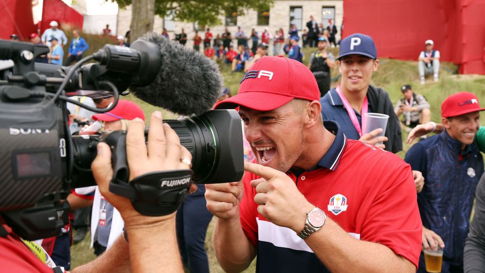 Bryson DeChambeau celebrates after the USA win the Ryder Cup