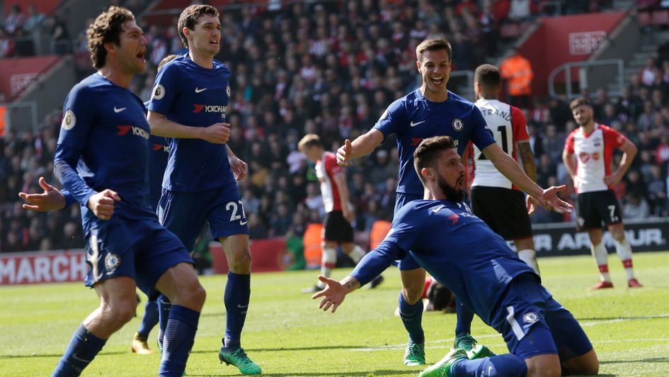 Olivier Giroud celebrates Chelsea's third goal at Southampton