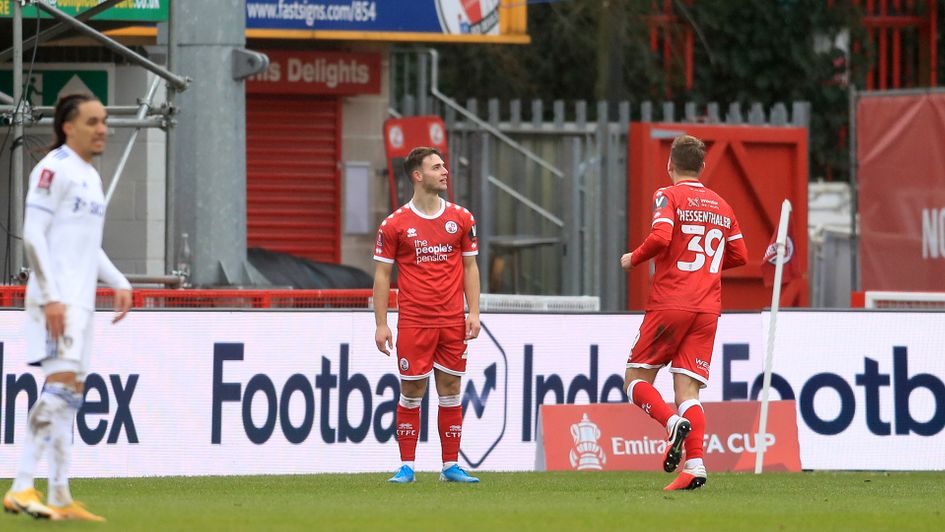 Crawley's Nicholas Tsaroulla celebrates his goal against Leeds