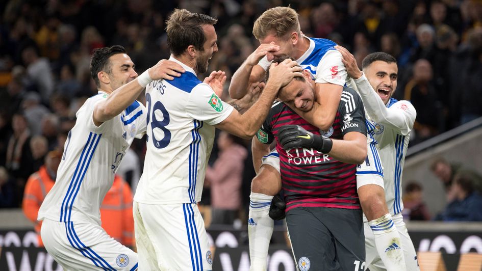 Leicester City players celebrate their Carabao Cup penalty shootout win over Wolves