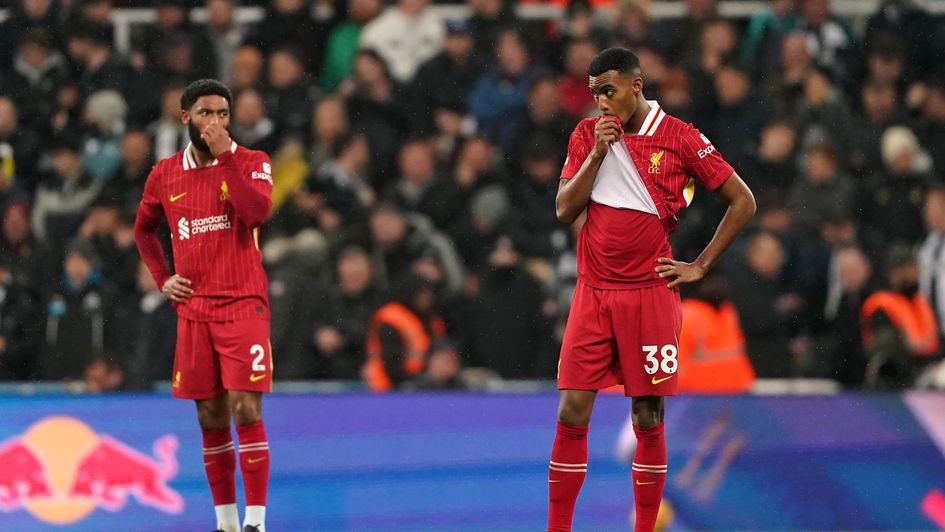 Liverpool's Ryan Gravenberch reacts after they concede a second goal during the Premier League match at St. James' Park