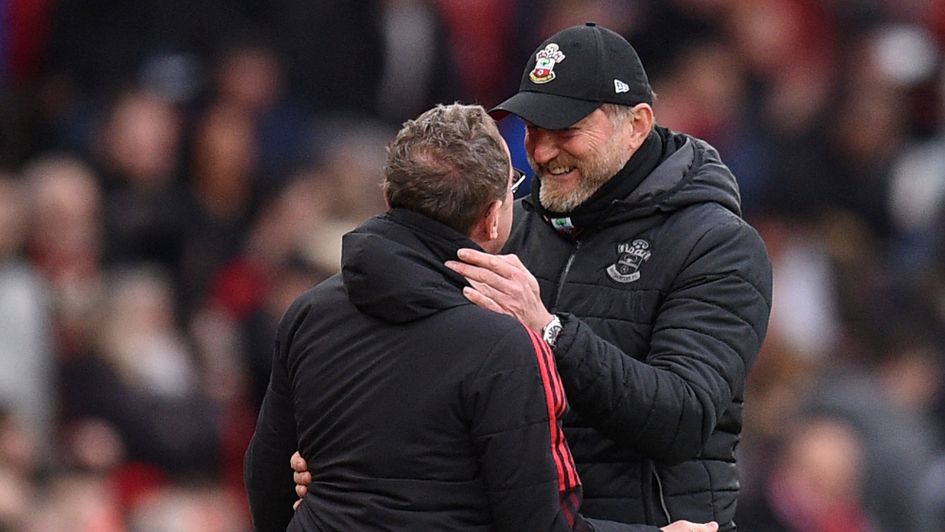 Southampton's Ralph Hasenhuttl greets Manchester United's Ralf Rangnick