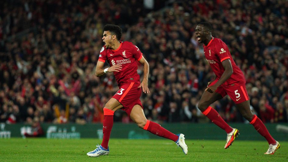 Luis Diaz celebrates his goal against Tottenham