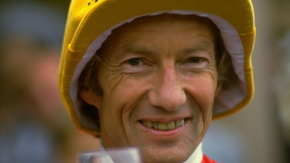 Lester Piggott celebrates winning the 1984 St Leger on Commanche Run