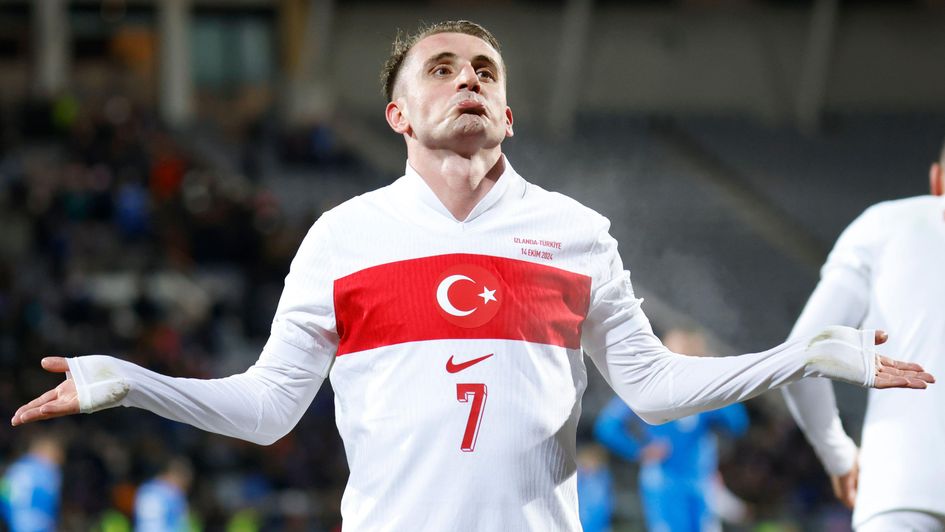 Turkey's Muhammed Aktürkoğlu celebrates after scoring his side's fourth goal during the UEFA Nations League group 4 soccer match between Iceland and Turkey in Reykjavik