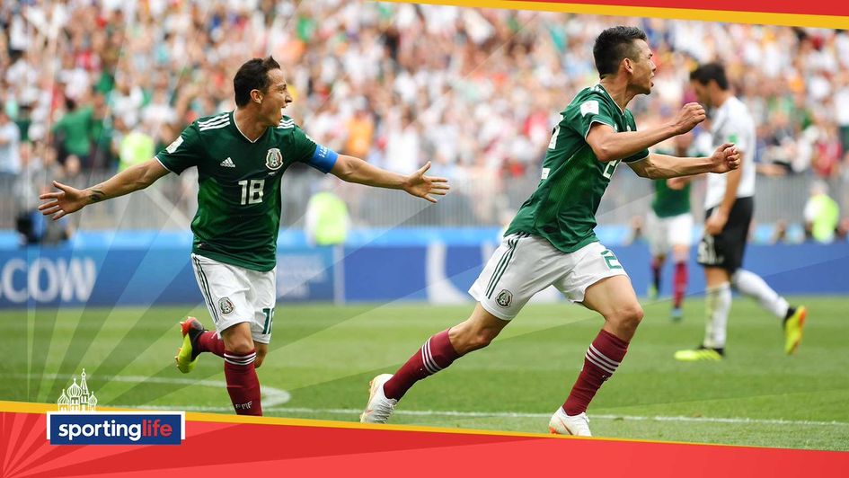 Mexico's Hirving Lozano (right) and Andres Guardado celebrate after scoring v Germany at the World Cup