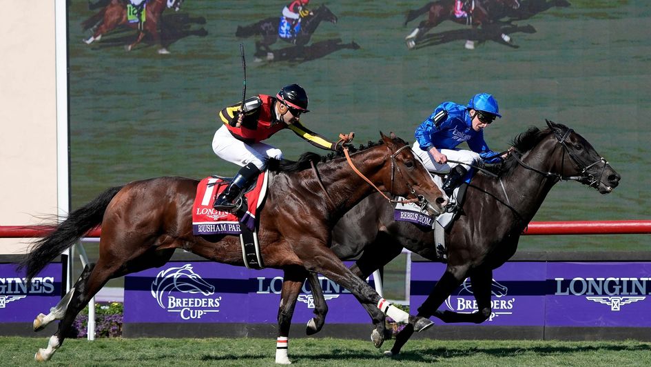 Rebel's Romance (far side) holds on to win a second Breeders' Cup Turf